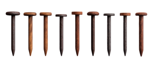 Row of vintage wooden nails in varying wood tones showcasing carpentry and woodworking craftsmanship, Isolated on Transparent Background Cutout