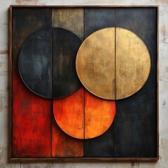 Abstract Geometric Art Featuring Intersecting Circular Shapes in Dark and Warm Tones for Contemporary Decorative Use