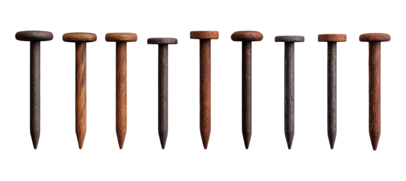 Row of vintage wooden nails in varying wood tones showcasing carpentry and woodworking craftsmanship, Isolated on Transparent Background Cutout
