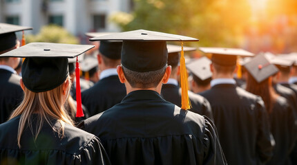 Obraz premium Rear view of university graduates wearing graduation gown and cap in the commencement day