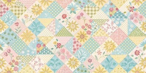 Lovely Patchwork Floral Design Featuring Pastel Colors and a Variety of Flower Patterns in a Geometric Arrangement