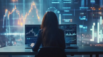 Rear view of a focused businesswoman analyzing data on a laptop screen with graphs, charts, and diagrams in a modern office setting – technology, financial analytics, and digital business strategy con