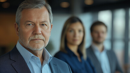 Obraz premium Man, CEO of company, over 50 years old, blurred colleagues in the background