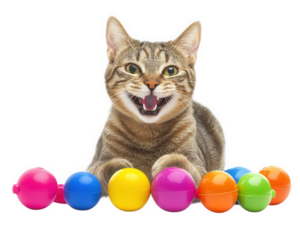 playful cat with goofy grin is surrounded by colorful plastic eggs, creating cheerful and vibrant scene. This captures joy and curiosity of pets during festive times