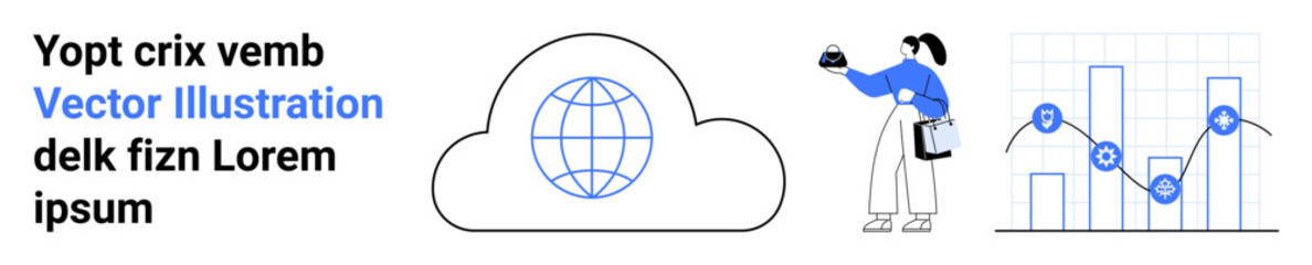 Cloud with globe, business person taking notes, and analytics chart denoting cloud computing, data analysis, networking, research, monitoring, performance tracking. Ideal for business strategy flat