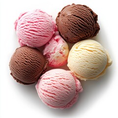 Colorful Assortment of Ice Cream Scoops on White Background Featuring Chocolate, Strawberry, Vanilla, and More Delightful Flavors