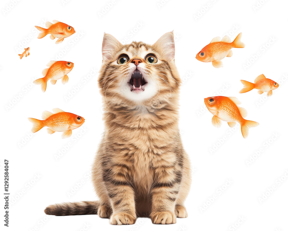 Poster surprised cat with open mouth surrounded by goldfish, creating humorous scene. playful interaction b