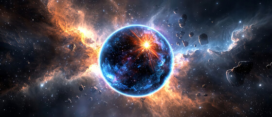 Cosmic explosion event outer space digital art nebula environment wide angle view universe concept for seo impact