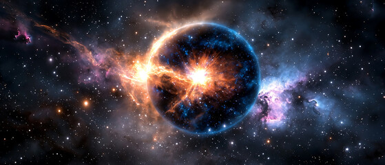 Naklejka premium Cosmic explosion event outer space digital art galactic environment wide angle universal creation