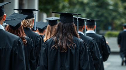 Rear view of university graduates wearing graduation gown and cap in the commencement day