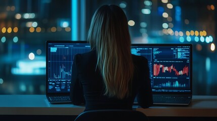 Rear view of a focused businesswoman analyzing data on a laptop screen with graphs, charts, and diagrams in a modern office setting – technology, financial analytics, and digital business strategy con