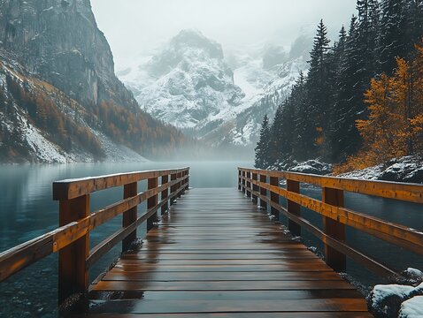 Snowy mountain lake wooden pier