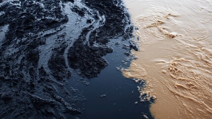 Obraz premium Contrast of Dark Oil and Brown Water in Natural Environment Captured from Above, Symbolizing Pollution and Nature's Dichotomy