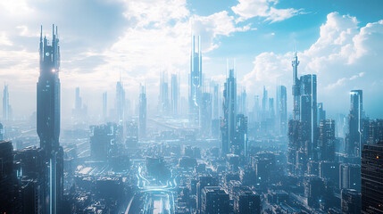 Futuristic cityscape skyline modern futuristic architecture design digital art illustration blue grey