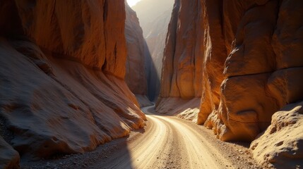 A winding dirt road cuts through a breathtaking sandstone canyon, bathed in the warm glow of sunlight; the rugged, textured rock faces create a dramatic and awe-inspiring landscape.