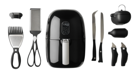 A set of kitchen utensils including a fork and knife, surrounded by various technological objects like a black remote, mobile phone, and computer equipment