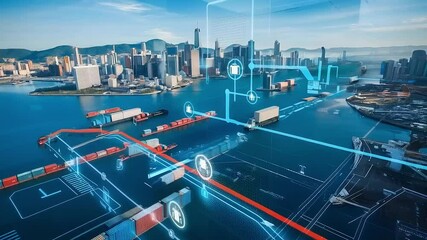Birds eye view over port and the city, cargo ships and trucks and containers, animated overlay - Powered by Adobe