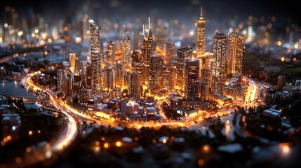 Fototapeta premium Night Cityscape Miniature Model, illuminated buildings, roads, and trees, great for desktop backgrounds or stock photos