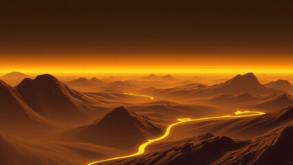 Naklejka premium Golden Road Through the Desert Mountains at Sunset