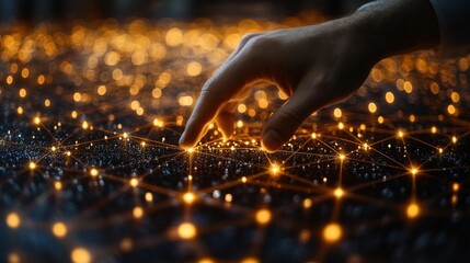 Futuristic hand reaching towards glowing connections on a digital surface, symbolizing technology, network interaction, and innovation in a vibrant environment.