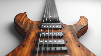 Close-Up View of an Elegant Electric Guitar Neck with Wood Grain Detail and Six Strings on a Soft Background