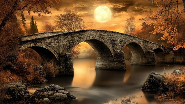 Beautiful autumn evening with a stone bridge under the full moon surrounded by glowing foliage