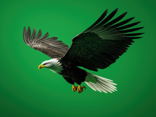 Obraz premium majestic eagle soaring gracefully against vibrant green background, showcasing its powerful wings and striking features. This captures essence of freedom and strength