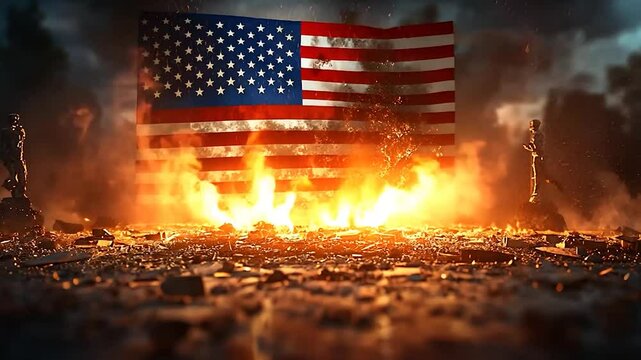 American flag in explosion, destruction, war, symbolic image, possible use for political/social commentary