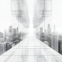 Fototapeta premium Futuristic Cityscape with Transparent Structures and Abstract Pathway in Urban Environment Featuring Skyscrapers and Modern Architecture