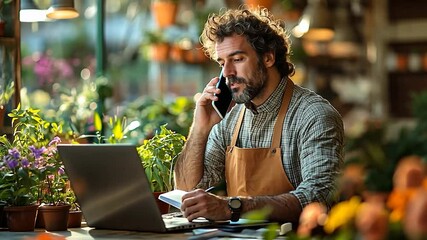 Gardener using laptop and phone in a greenhouse, managing business