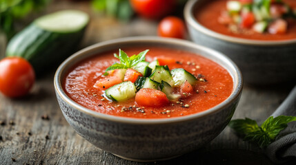  gazpacho soup recipe with fresh tomatoes and cucumbers red food dish bowl cold green vegan