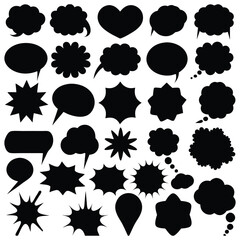 Comic speech bubbles, explosion shapes, and dialogue balloons in black silhouette. Vector cartoon elements for pop art, retro comics, and graphic design. Blank text spaces for creative designs