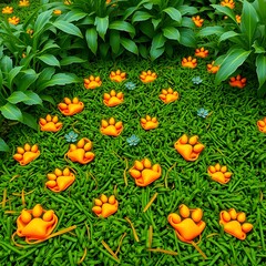  Orange Noodles and Cat Paw Prints in a Lush Garden Setting