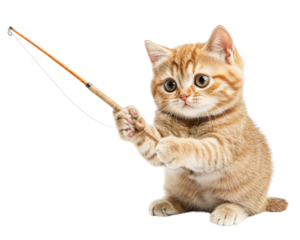 playful cat with tiny fishing rod looks ready to catch something. Its adorable expression and fluffy fur add to charm of this delightful scene