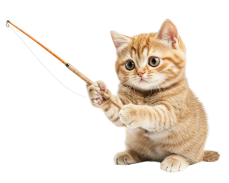 playful cat with tiny fishing rod looks ready to catch something. Its adorable expression and fluffy fur add to charm of this delightful scene
