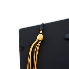  A crisp, minimalistic close up of a graduation cap with a black and gold tassel set against a clean white background.