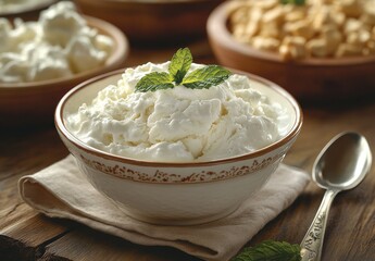 Creamy Cottage Cheese Bowl with Fresh Mint Leaf on Wood Table Surrounded by Delicious Nuts andy Other Dairy Products in Background Context