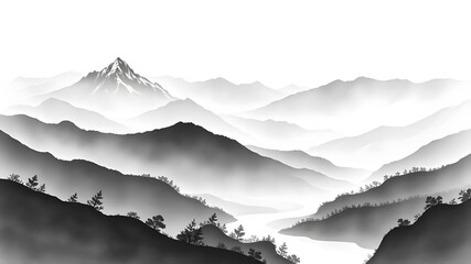  Serene Mountain Landscape in Ink Painting with Soft Grayscale Tones