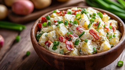  creamy potato salad with crispy bacon and fresh green onions eat food dish side meal lunch