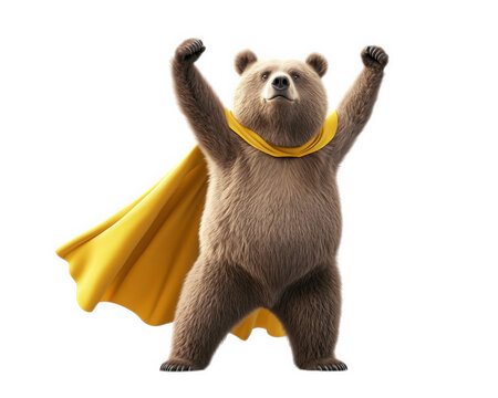 bear in superhero cape strikes heroic pose, exuding confidence and strength. This playful image captures essence of bravery and adventure