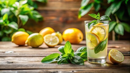 Fototapeta premium Refreshing Homemade Citrus Beverage with Basil Garnish on Rustic Wooden Surface