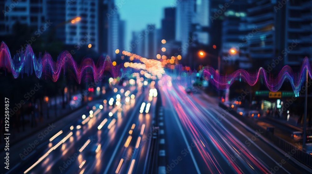 Poster busy urban road at twilight with abstract sound wave visualization and vibrant light trails in motio