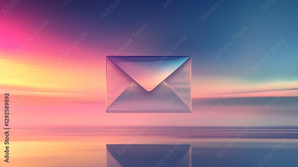 Aufkleber glass envelope floating in abstract pastel sunset sky with reflections, symbolizing communication an