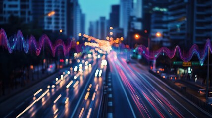 Busy urban road at twilight with abstract sound wave visualization and vibrant light trails in motion. Generative AI