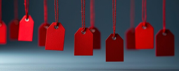 Suspended Red Paper Tags on Strings Displaying Discounted Prices for Shopping and Retail Sales