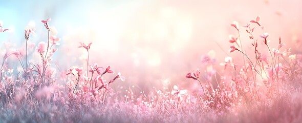 Fototapeta premium Daisies On Field, Abstract Spring Landscape, springtime, spring background or summer background with fresh grass and flowers,A fresh spring sunny garden background of green grass and blurred foliage