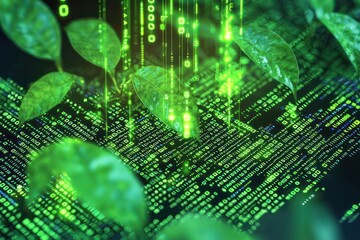 Digital binary code with green tech elements illustrates coding advancements.