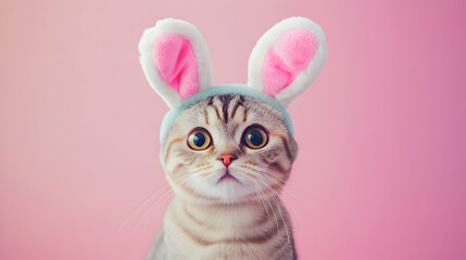 Charming feline dons bunny ears against a gentle pink backdrop capturing easter joy
