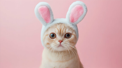Adorable kitten dressed as easter bunny with pink ears, enchanting portrait on pink background
