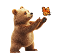 bear with playful expression reaching for butterfly, showcasing curiosity and joy in nature. This charming scene captures essence of wildlife interaction